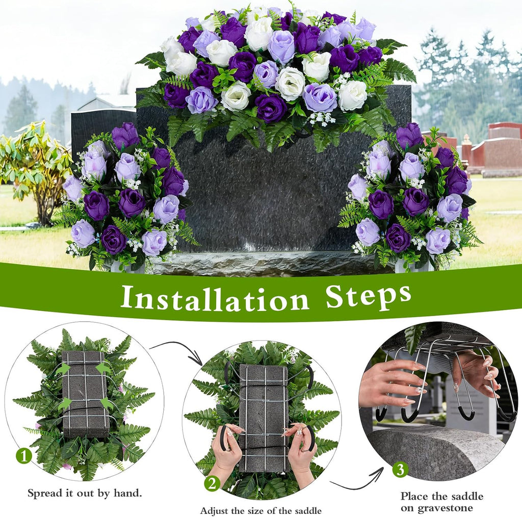 XONOR Artificial Cemetery Flower Saddles, Cemetery Memorial Flowers with Vase for Grave Tombstone Decorations (Purple White)