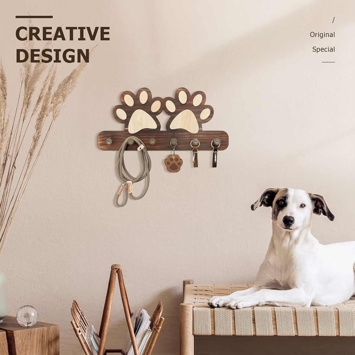 MTERSN Decorative Dog Leash for Wall with 6 Key Hooks for Entryway, Brown