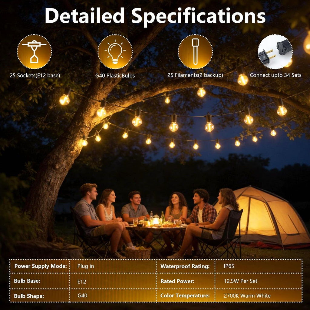 Outdoor String Lights,Led Patio Globe Lights with Plastic Bulbs,Waterproof,Shatterproof,G40 Outdoor String Lights,Connectable Hanging for Backyard, Bistro, Porch, Deck, Balcony,Tent (100FT)