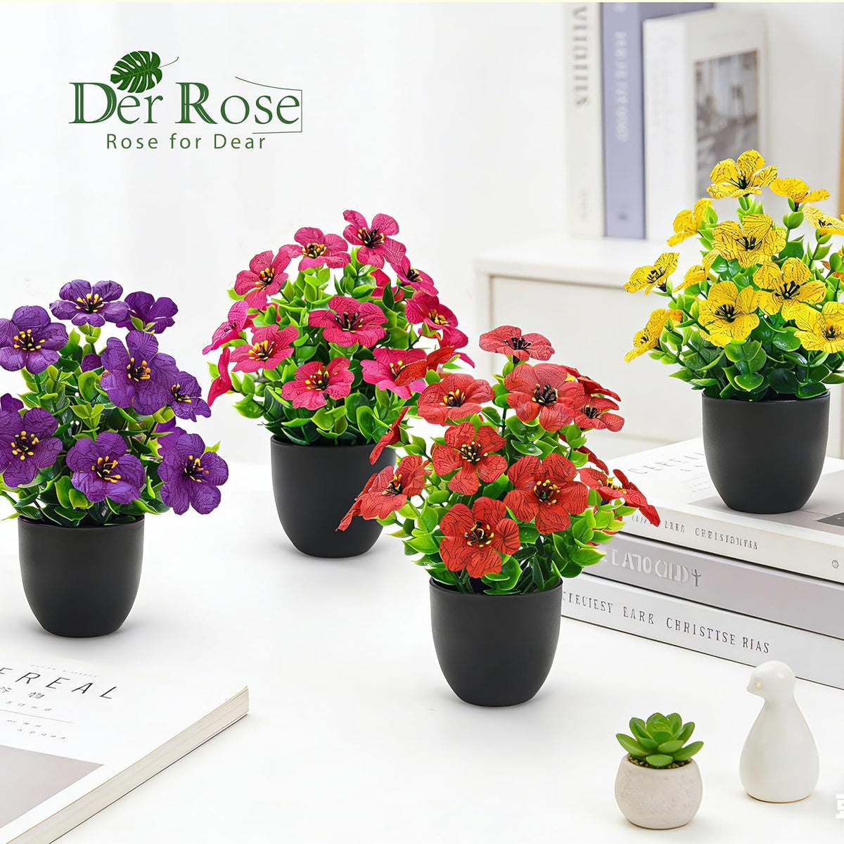 Der Rose 4 Pack Fake Flowers with Fragrance Discs for Black Bathroom Decor