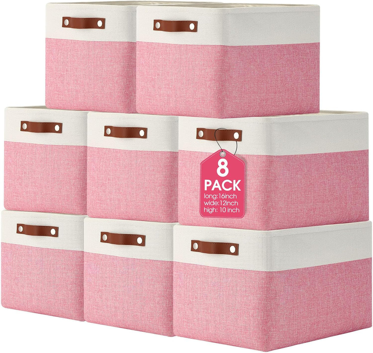 Uiifan 16 x 12 x 10 Inch 8 Pack Fabric Storage Baskets with Handles, Pink