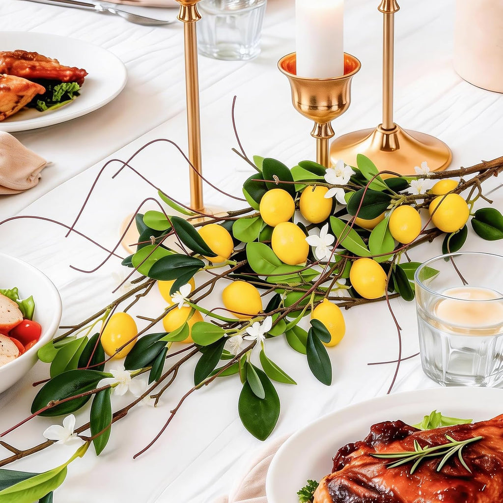 4 PCS 18.9” Artificial Lemon Branches for Kitchen Decor, Faux Yellow Lemons with Magnolia Flower & Willow Stems, Realistic Fake Fruit Picks for Farmhouse Party Decoration and Vase Arrangements