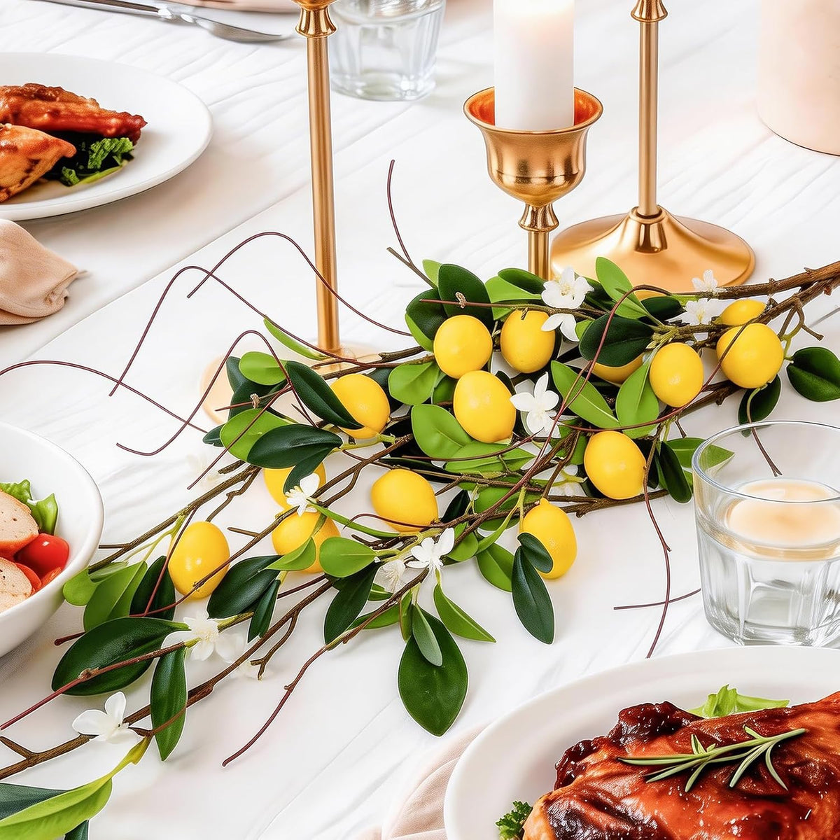 4 PCS 18.9” Artificial Lemon Branches for Kitchen Decor, Faux Yellow Lemons with Magnolia Flower & Willow Stems, Realistic Fake Fruit Picks for Farmhouse Party Decoration and Vase Arrangements