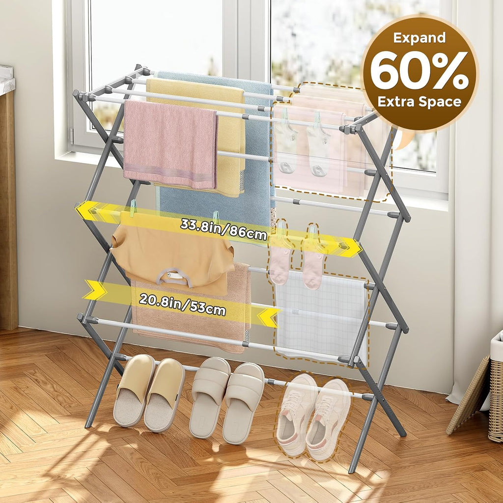 KINGBOARD Clothes Drying Rack, 3-Tier Foldable Extendable, White & Grey
