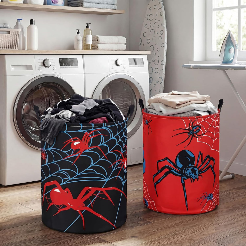 2 Pcs Spider Web Laundry Hamper Basket Large 17.3 x 13.8 Inch Round Collapsible Toy Storage Organizer Basket Bin with Waterproof Layer for Closet Bedroom Playroom Nursery Toy Dirty Cloth