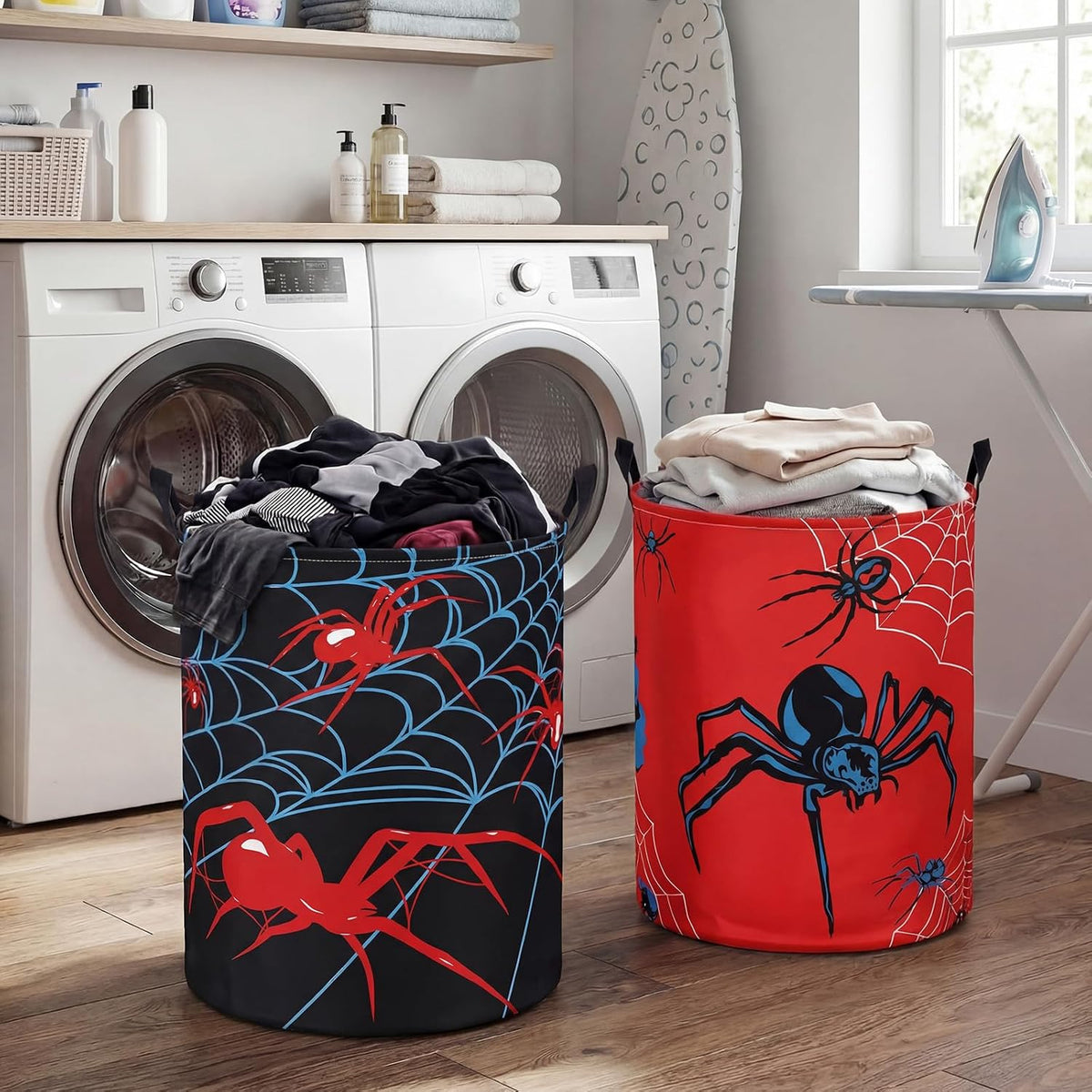2 Pcs Spider Web Laundry Hamper Basket Large 17.3 x 13.8 Inch Round Collapsible Toy Storage Organizer Basket Bin with Waterproof Layer for Closet Bedroom Playroom Nursery Toy Dirty Cloth