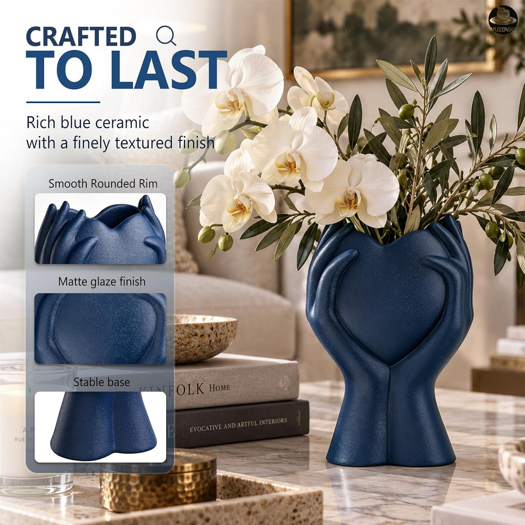 8" Heart Hand Navy Blue Ceramic Vase - Unique Modern Aesthetic Flowers Vase for Living Room Bedroom Office Kitchen Table Centerpiece or Shelf Decor-Gifts for Wedding Bridal Shower Women Mom (Blue)