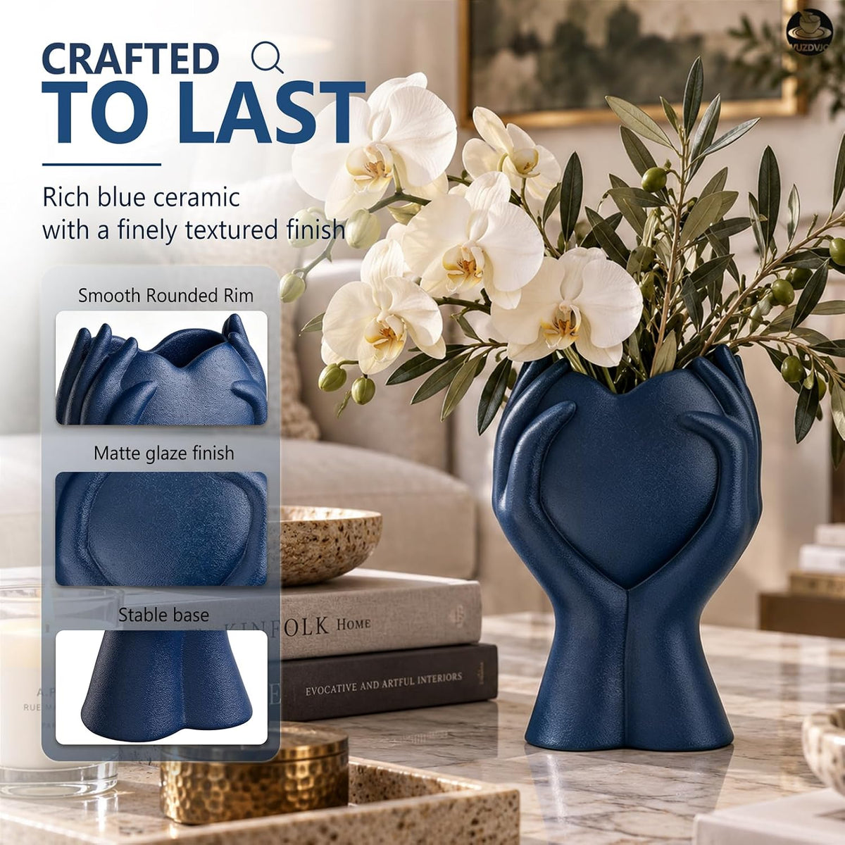 8" Heart Hand Navy Blue Ceramic Vase - Unique Modern Aesthetic Flowers Vase for Living Room Bedroom Office Kitchen Table Centerpiece or Shelf Decor-Gifts for Wedding Bridal Shower Women Mom (Blue)