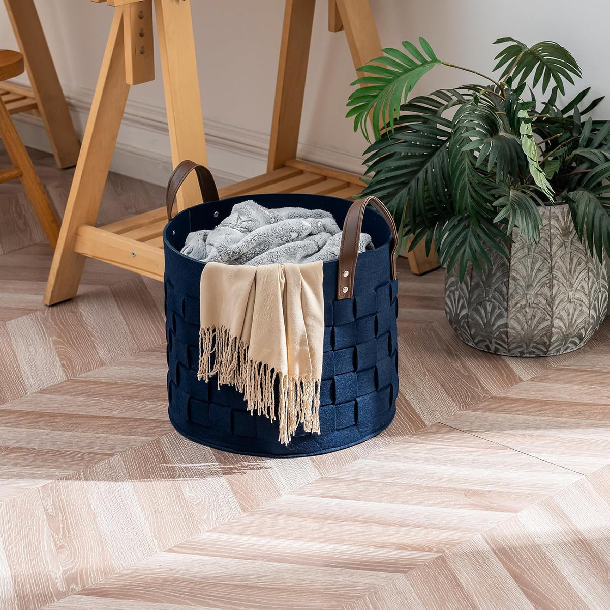 BOLDMONKEY Blankets Basket 15" x15 " x13 " 2 Pack, Felt Storage Baskets for Organizing Round, Living Room Dog Toy Bin for Dirty Clothes, Pillows, Towel-Navy Blue