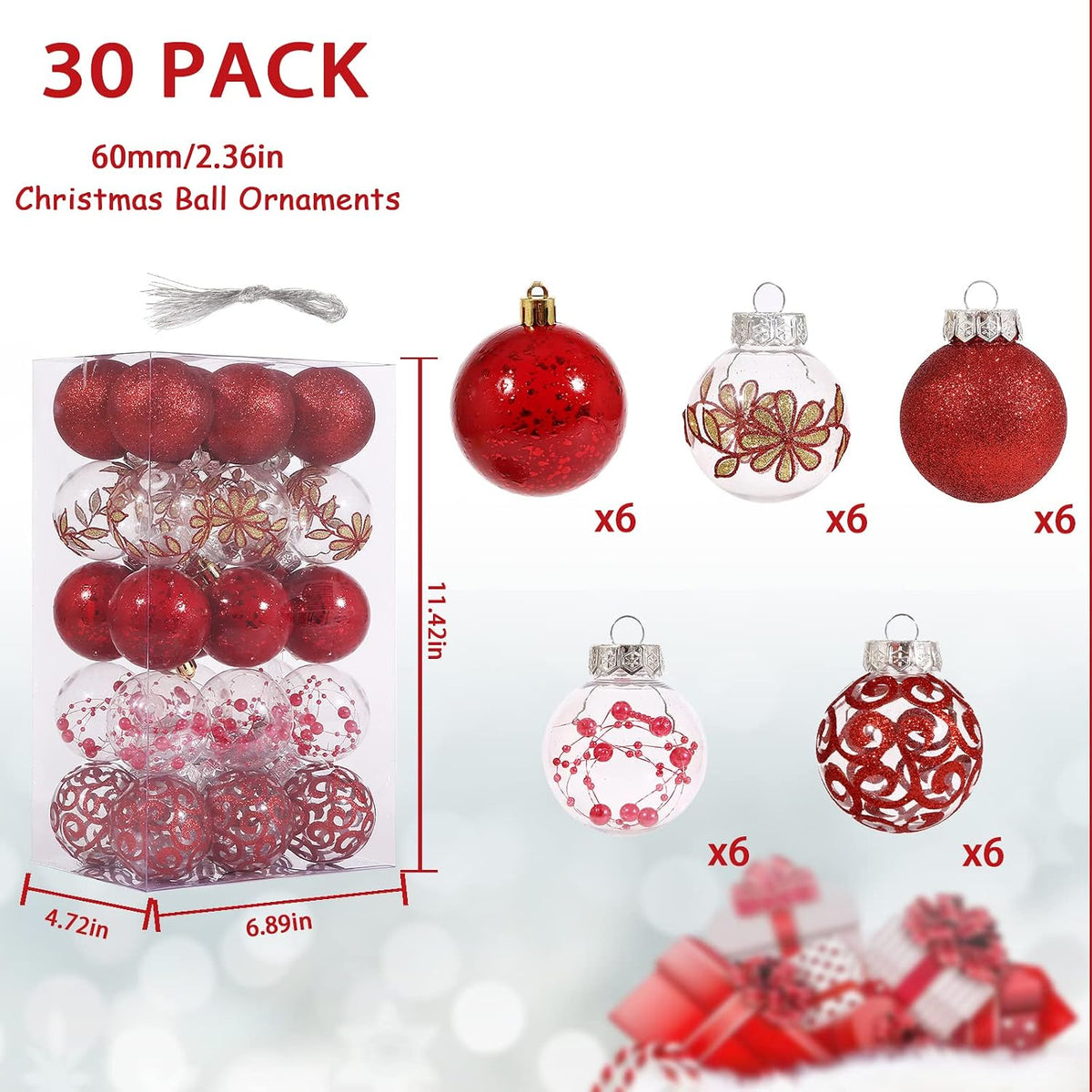 2.36inch Clear Christmas Ball Ornaments Set, 30ct Red Christmas Ornaments