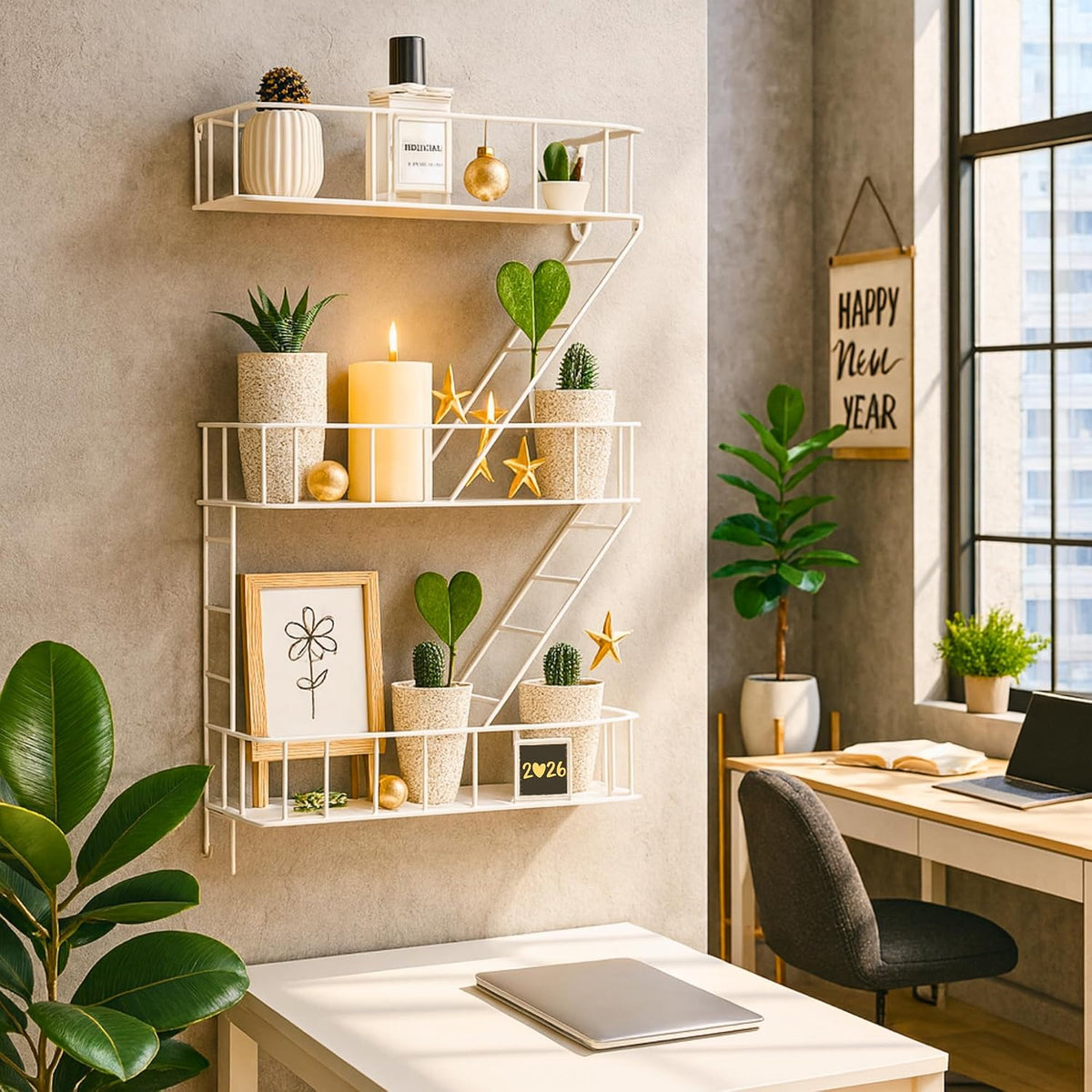 Fire Escape Wall Shelf, White Metal Decorative Floating Ladder, 3-Tier