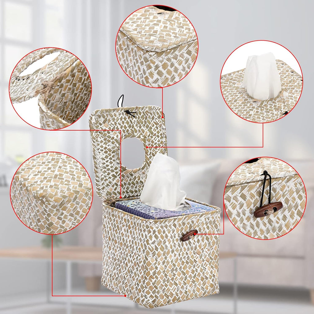 Sumnacon Tissue Box Cover Square Seagrass Woven Tissue Box Holder with Lid