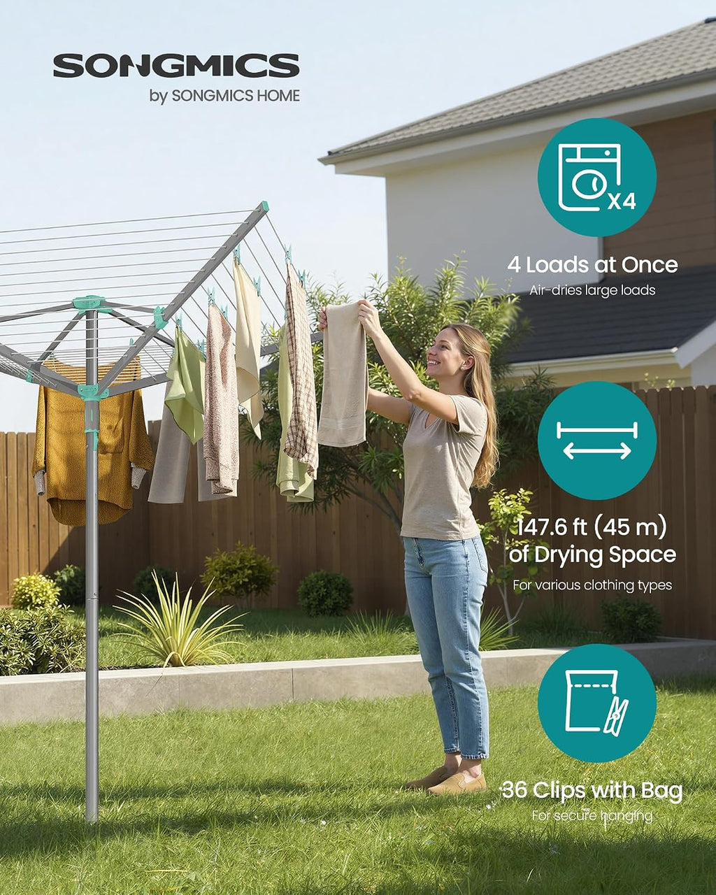 SONGMICS Umbrella Drying Rack, Foldable Outdoor Clothesline for 4 Loads