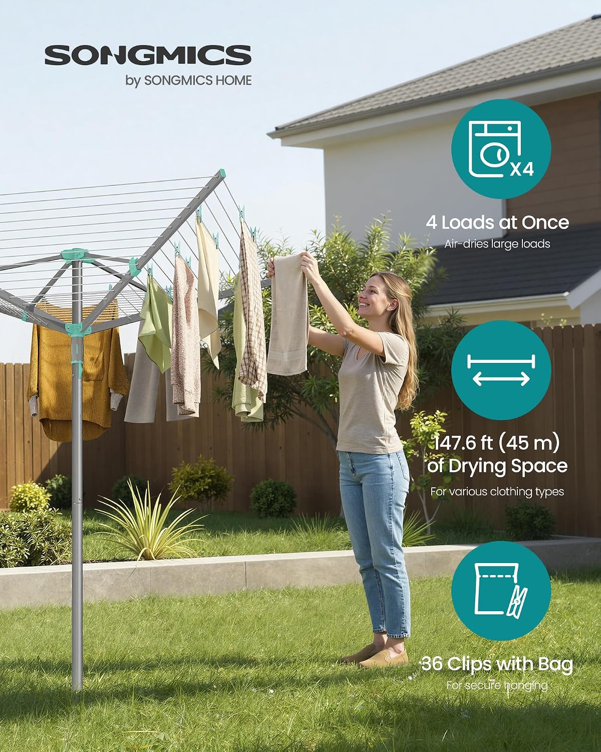 SONGMICS Umbrella Drying Rack, Foldable Outdoor Clothesline for 4 Loads