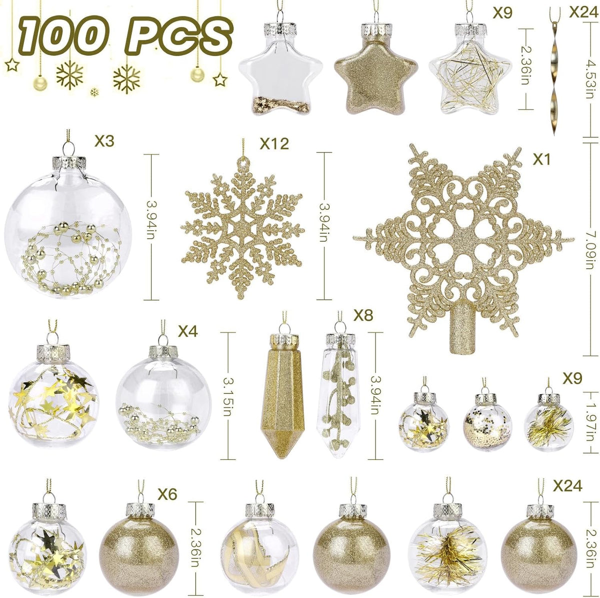 SHareconn 100PCS Christmas Tree Ornaments Clear Set, Gold