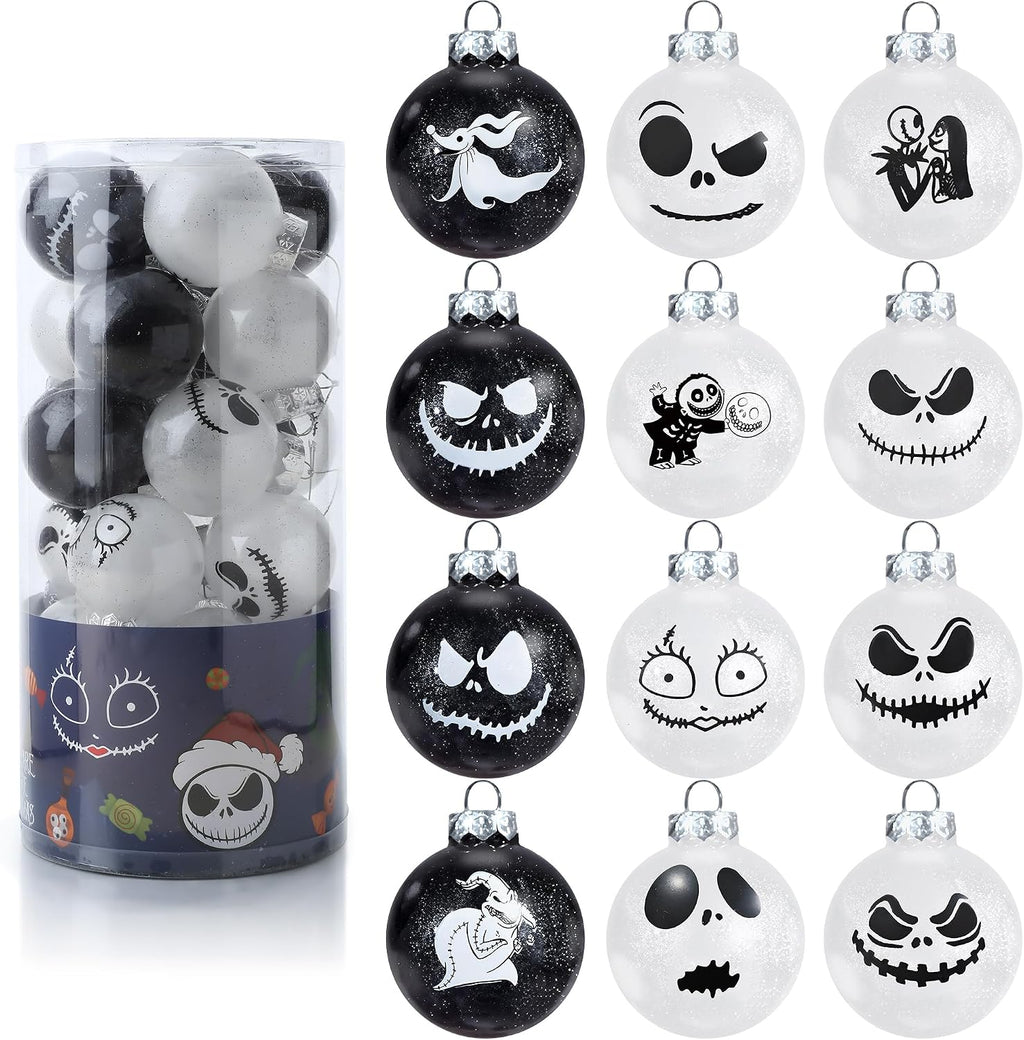 Nightmare Christmas Ball Ornaments Set, Skull Pattern Jack White and Black Xmas Tree Decorations, Plastic Shatterproof Hanging Balls Halloween Decor, 2.36”/60mm (24, White and Black)