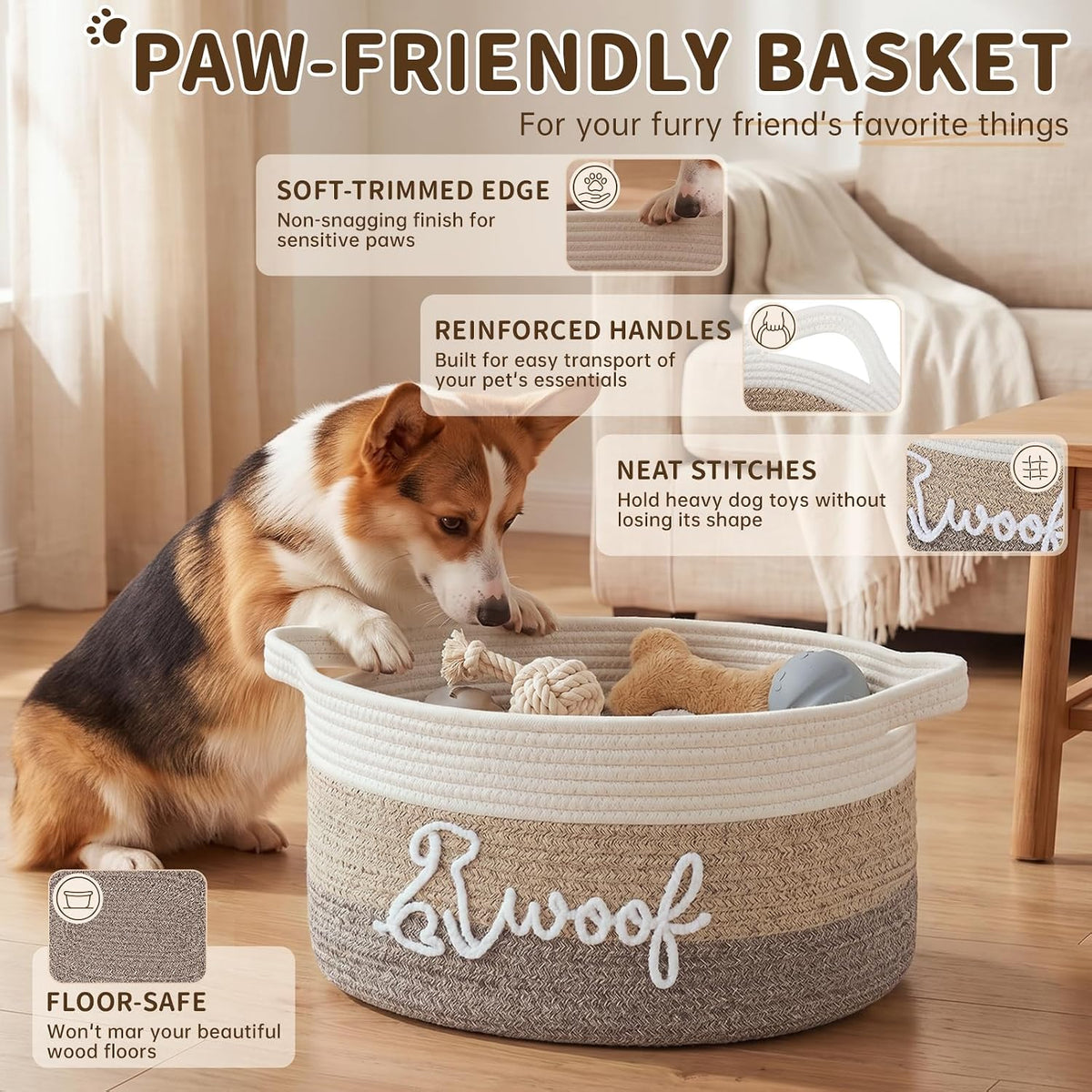 OIAHOMY 22L Large Dog Toy Basket, 16.5"x11.4"x9" Cotton Rope Basket with Cute Woof Embroidery, Soft Woven Pet Toy Box with Handles for Blankets, Leashes & Puppy Accessories, Decorative Organizer Brown