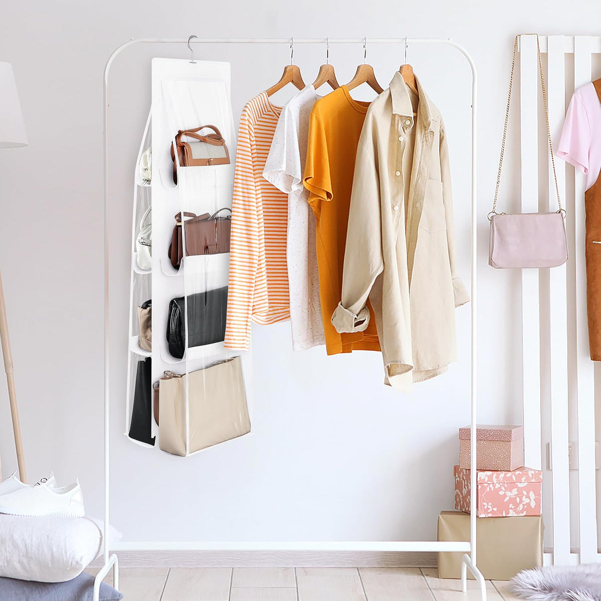 8-Pocket Hanging Handbag Purse Organizer for Closet, White