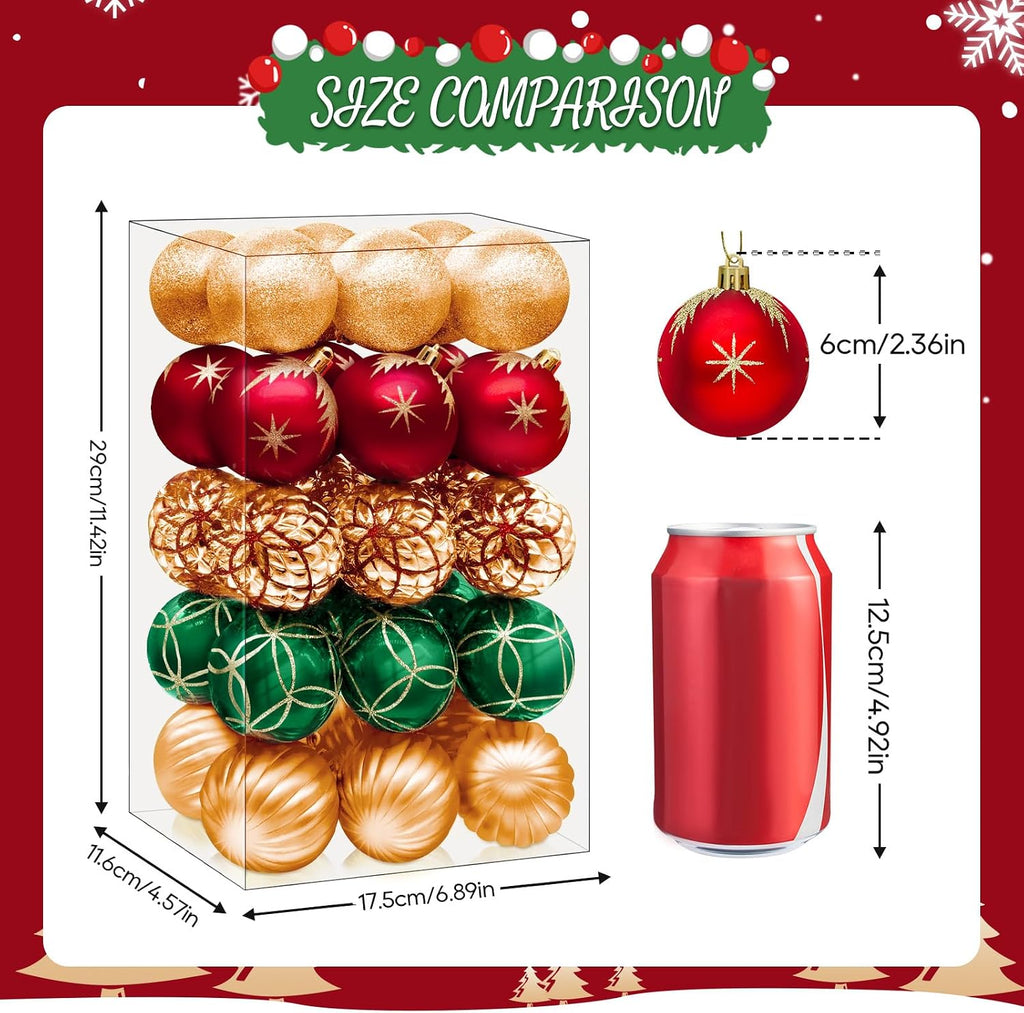 2.5 Inch Christmas Ball Ornaments, 30-Piece Set, Red, Green, & Champagne