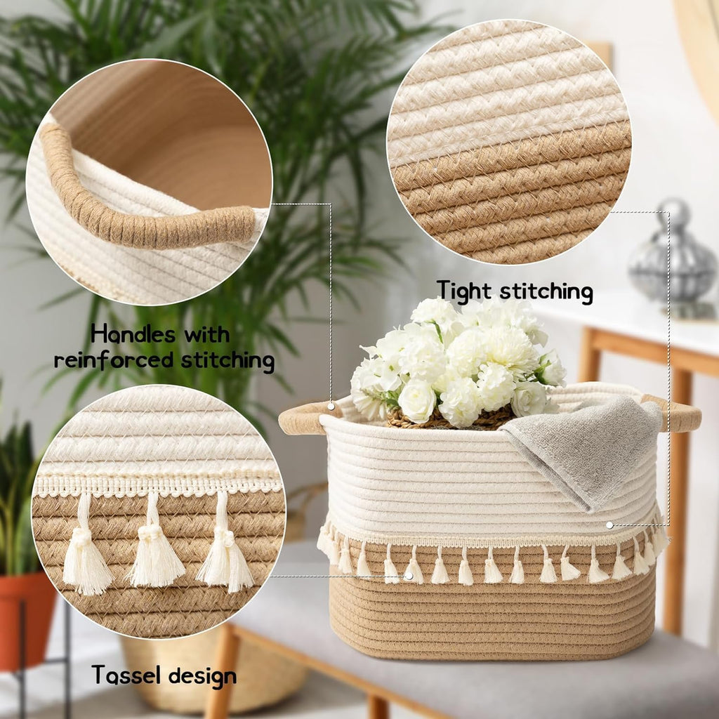 TeoKJ 2 Pack Woven Storage Bin, Cotton Rope Basket for Storage, Clothes Boho Basket Bin for Organizing, Fabric Basket for Books, Plants, Pet Treats, White & Jute
