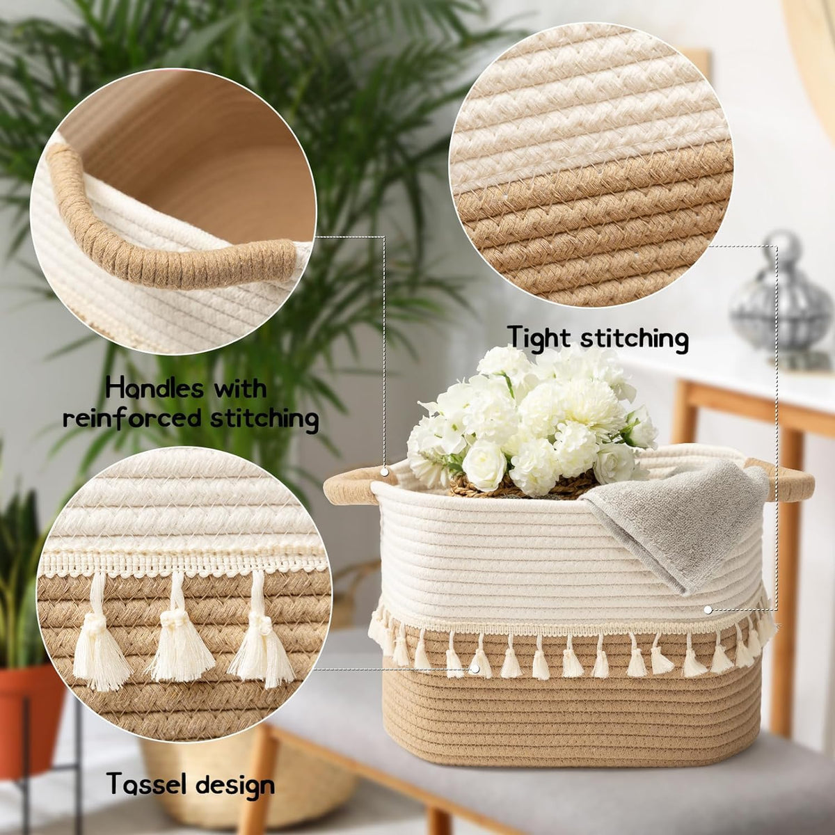 TeoKJ 2 Pack Woven Storage Bin, Cotton Rope Basket for Storage, Clothes Boho Basket Bin for Organizing, Fabric Basket for Books, Plants, Pet Treats, White & Jute
