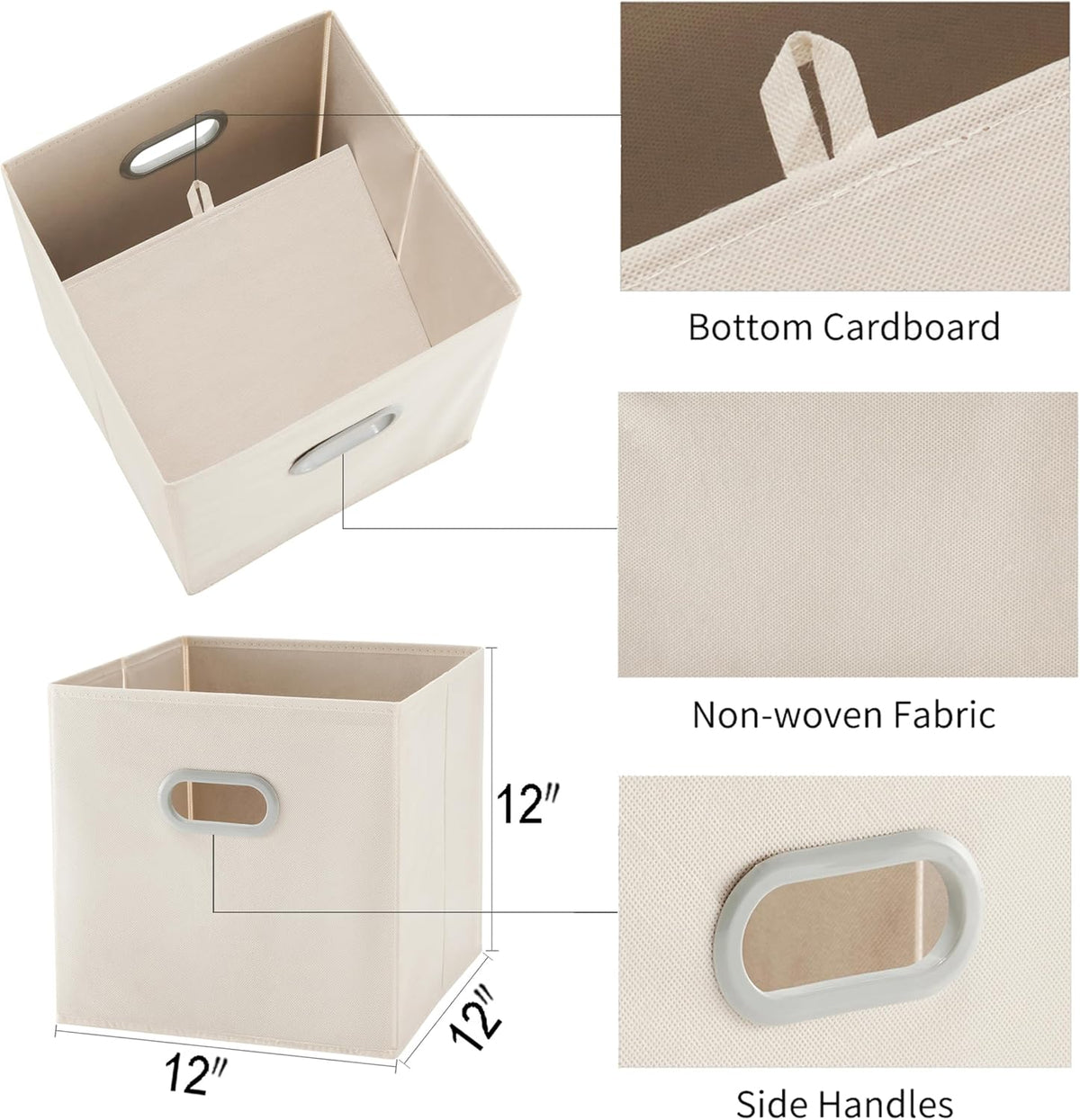 MAX Houser 6 Pack Foldable Fabric Storage Bins with Handles, Beige 12 inch