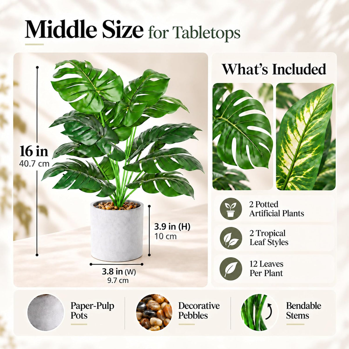 2 Pack Artificial Tropical Plants, 16" Fake Plants for Desk Decor