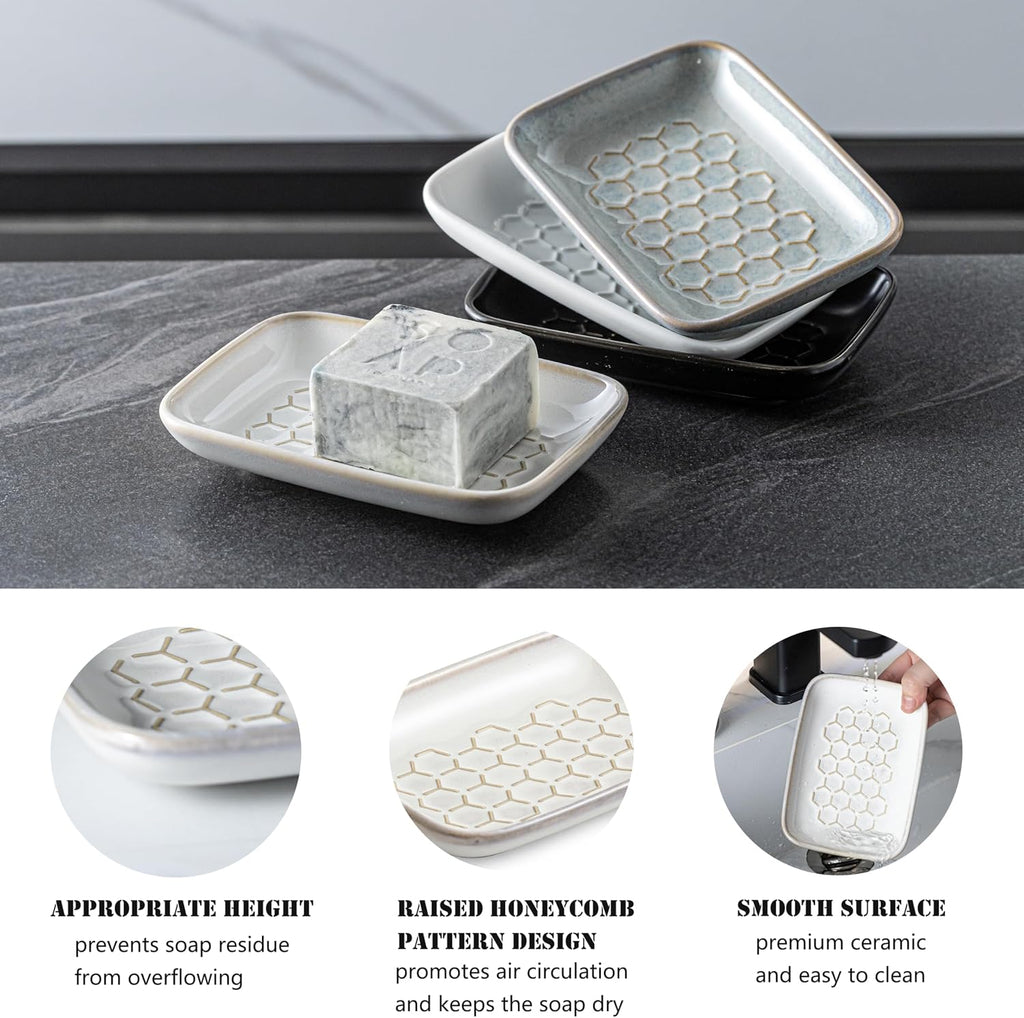 Gomakren Ceramic Soap Dish for Shower, Honeycomb Soap Tray 5.5 Inch, Beige