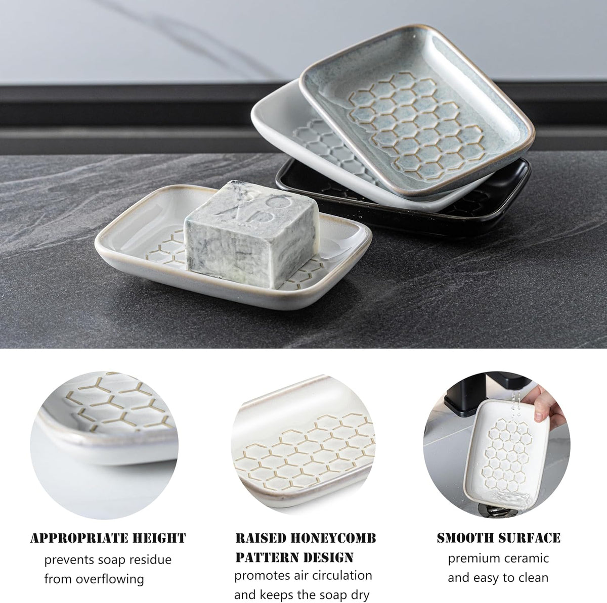 Gomakren Ceramic Soap Dish for Shower, Honeycomb Soap Tray 5.5 Inch, Beige