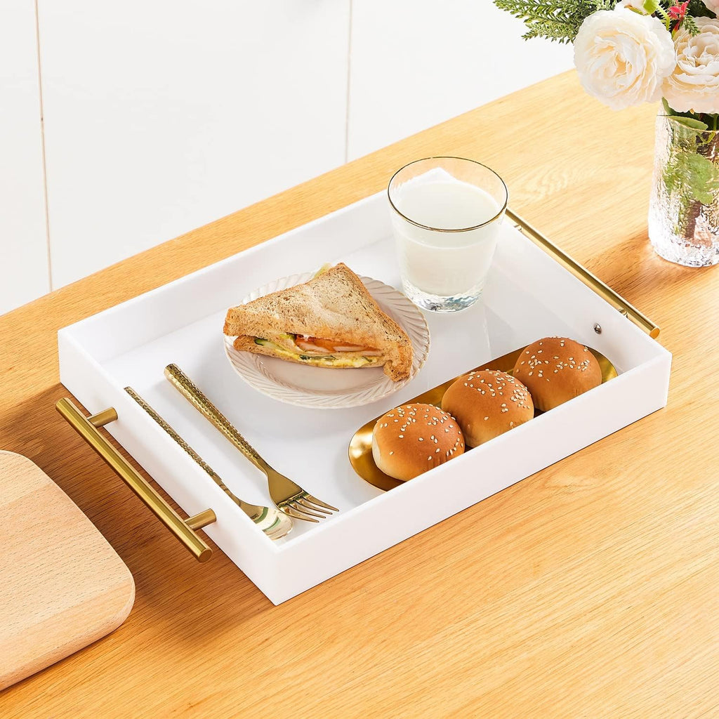 Glossy White Acrylic Lucite Serving Tray with Metal Handles,No Need to Assemble,11x14 Inch,Decorative Storage Organizer with Spill-Proof Design,Serving for Coffee,Breakfast,Dinner and More
