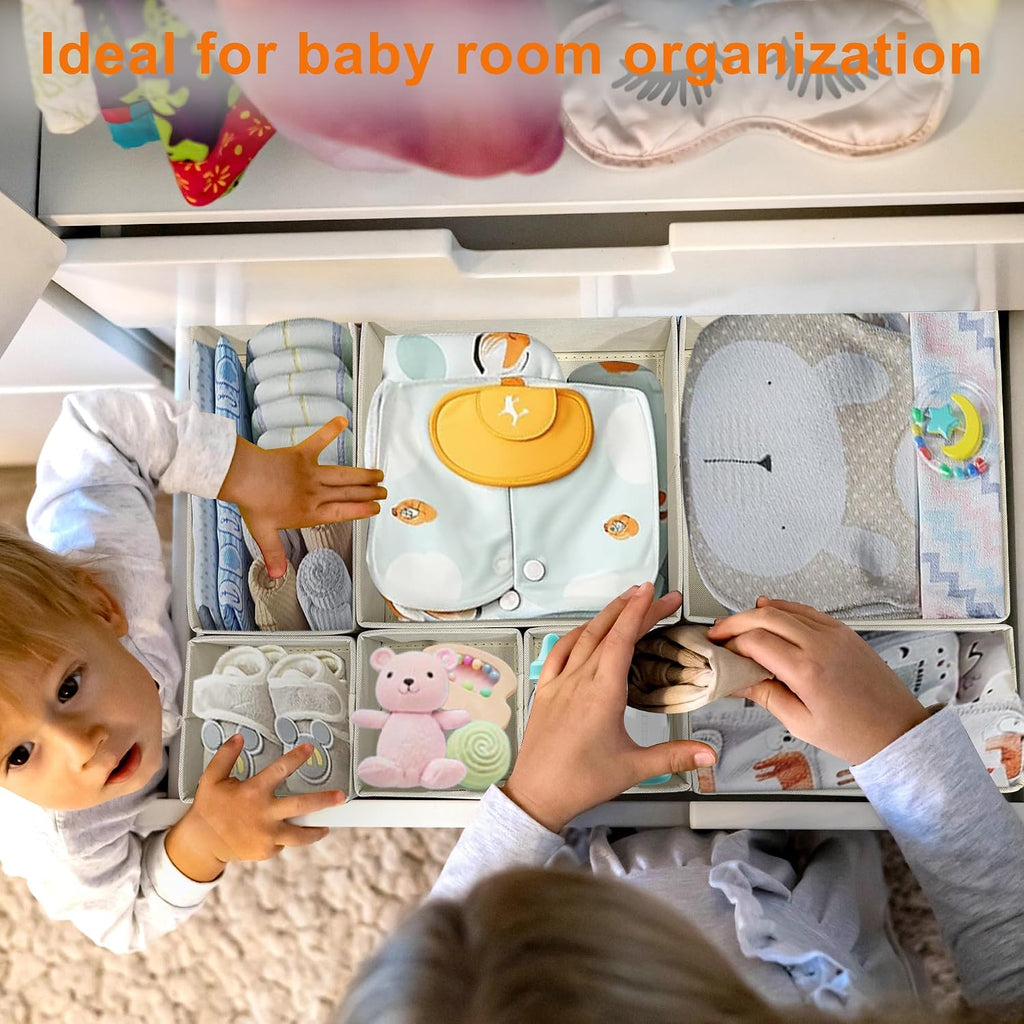 12 Pack Baby Clothes Organizer for Nursery Drawer - Foldable Fabric Dresser Dividers & Storage Bins for Diapers, Onesies, Accessories - Mydou Tidy Grey Heart Decorative Organizers