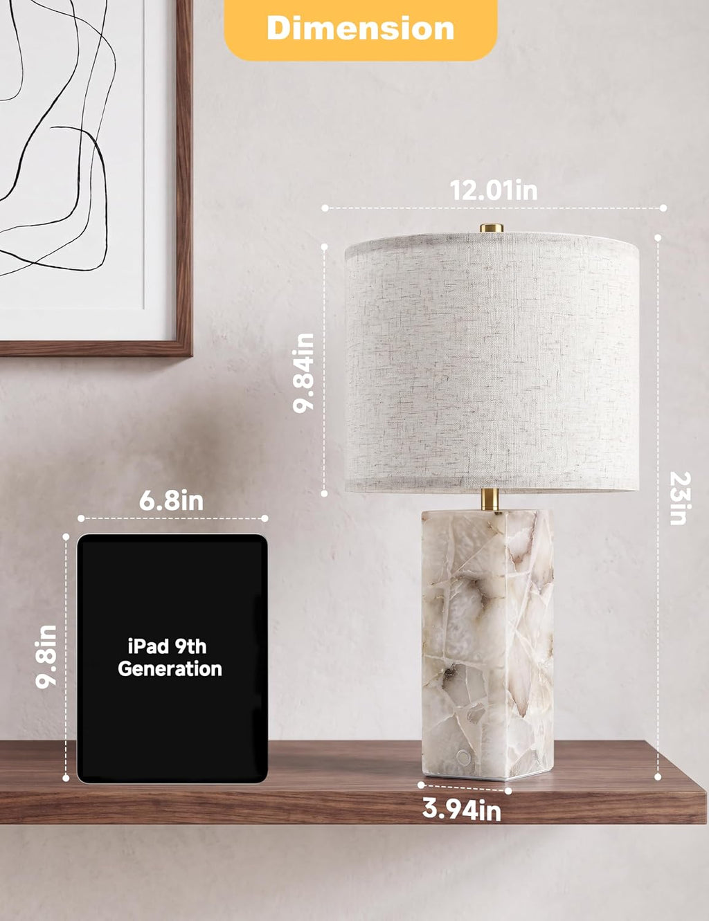 VOLISUN 23" Alabaster Table Lamp Set of 2, Modern Marble Lamp with Linen Shade, Touch Control & 3-Level Dimming, Night Light Bedside Lamps for Bedroom Living Room Office