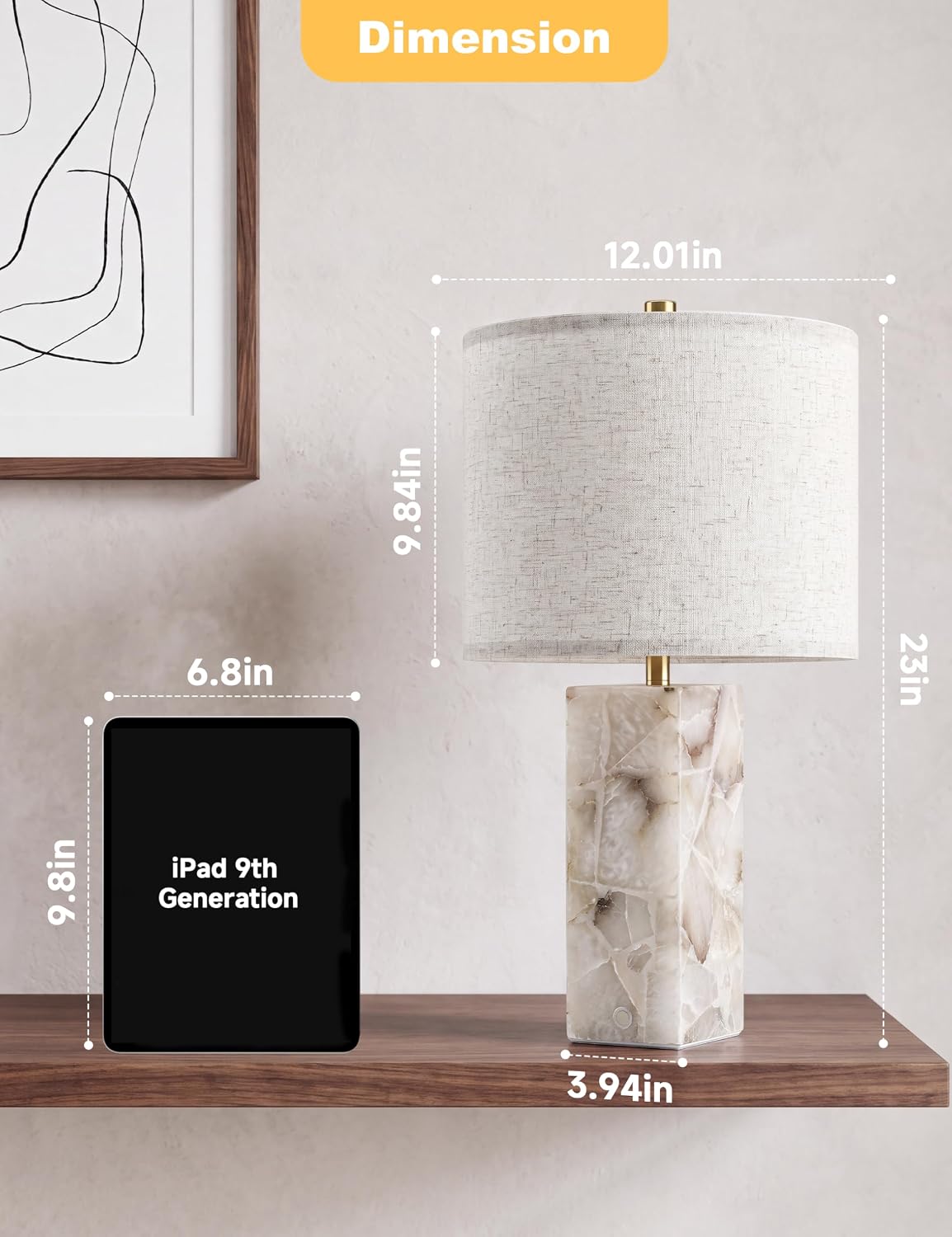 VOLISUN 23" Alabaster Table Lamp Set of 2, Modern Marble Lamp with Linen Shade, Touch Control & 3-Level Dimming, Night Light Bedside Lamps for Bedroom Living Room Office