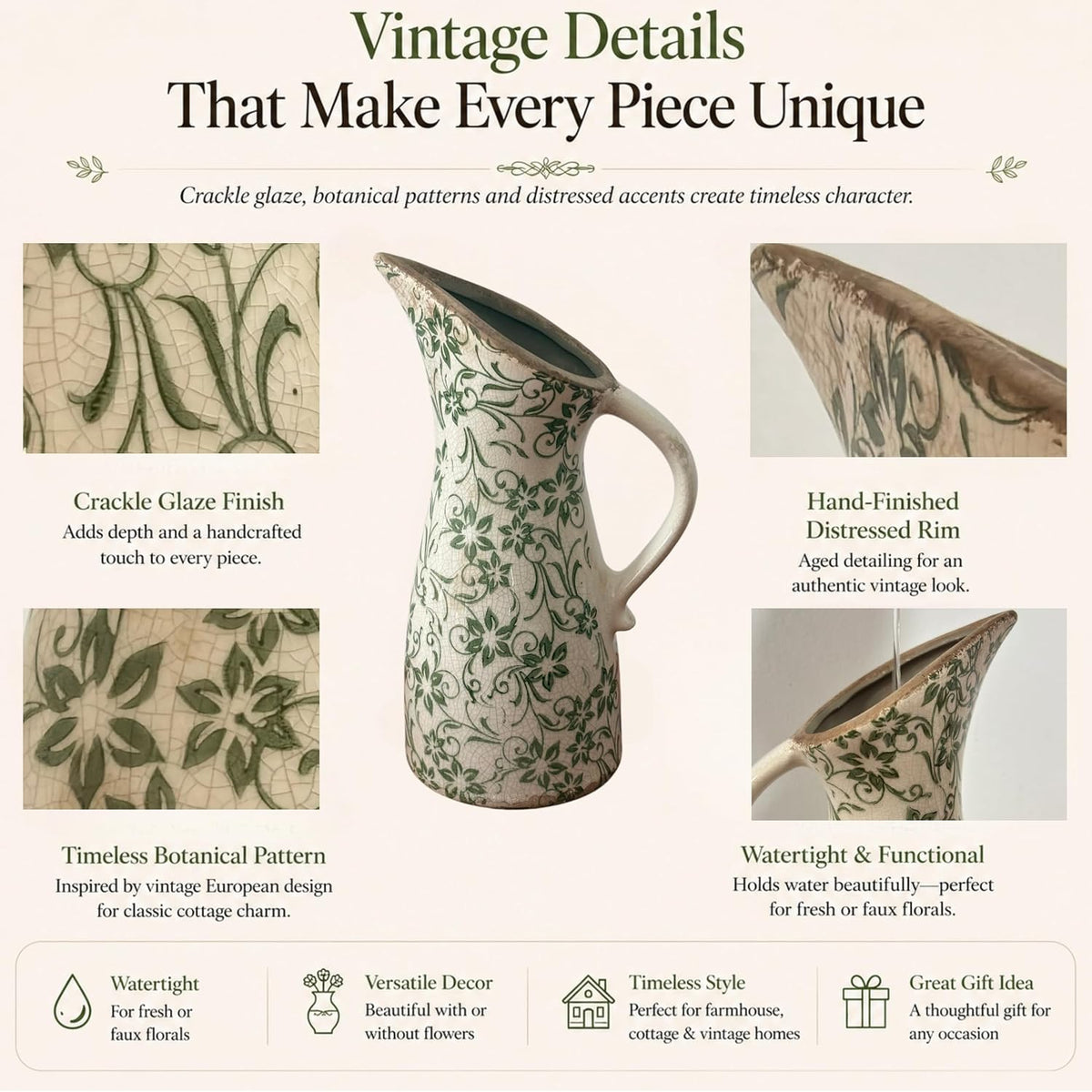 10" Farmhouse Pitcher Vase – Tuscan Green Scroll Ceramic Vase with Handle, Vintage Floral Decorative Jug for Kitchen Counter, Table, Mantel Decor