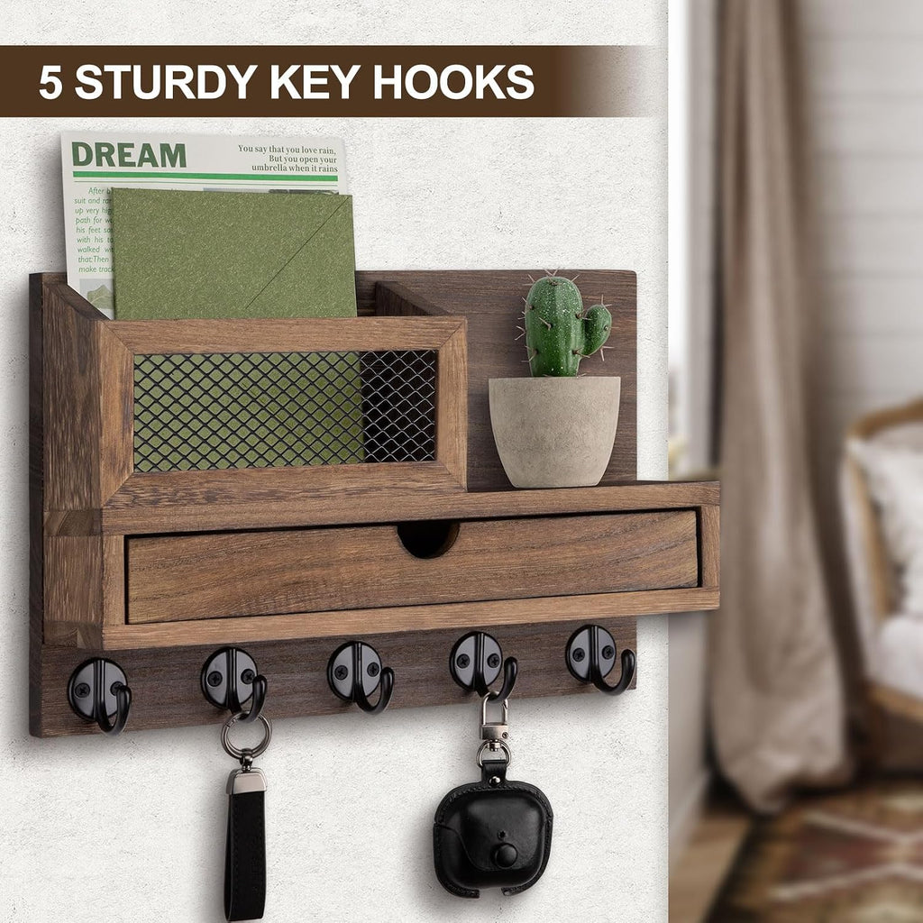 Key Holder for Wall with 5 Key Hooks and Storage Drawer