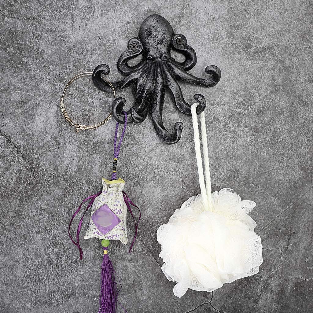 Sumnacon 6 Inch Cast Iron Octopus Decorative Coat Hook - Wall Mounted Nautical Hand Towel Rack Holder with Screws, Rustic Metal Clothing Hanger for Bedroom/Bathroom/Kitchen/Balcony, Silver