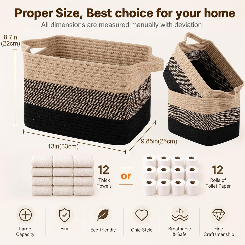 OIAHOMY Cotton Rope Storage Baskets for Organizing Black & Brown 3-Pack