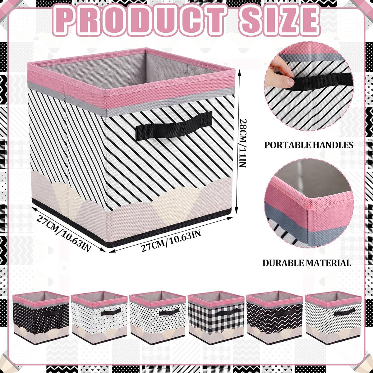 Thyle 6 Pcs 11in Pencil Fabric Bins for Classroom Black White Buffalo Plaid Storage Cube Collapsible Cubby Baskets with Handle for Back to School Kindergarten Daycare Bedroom Teacher Playroom Decor