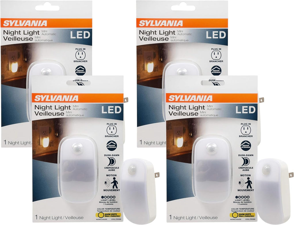 LEDVANCE Sylvania LED Mini Automatic Plug-in Night Light with Sensor, Motion Activated, Dusk to Dawn, Warm White, Plug-in Type - 4 Pack (64988)
