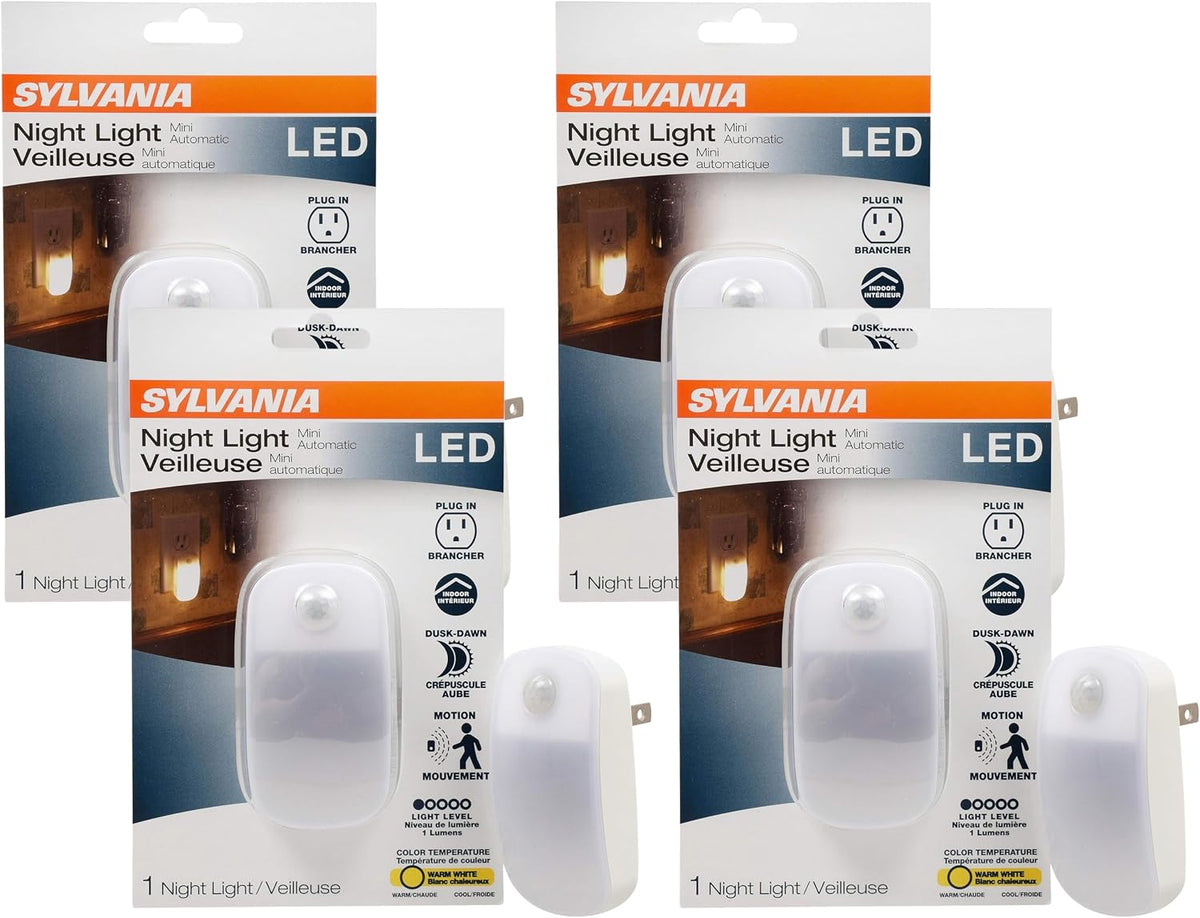LEDVANCE Sylvania LED Mini Automatic Plug-in Night Light with Sensor, Motion Activated, Dusk to Dawn, Warm White, Plug-in Type - 4 Pack (64988)