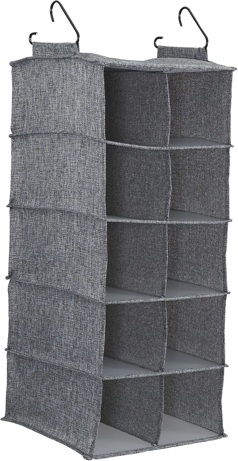 Household Essentials 10 Pocket Double Hang Canvas Shoe Organizer Side‑by‑Side Hanging Storage, Gray