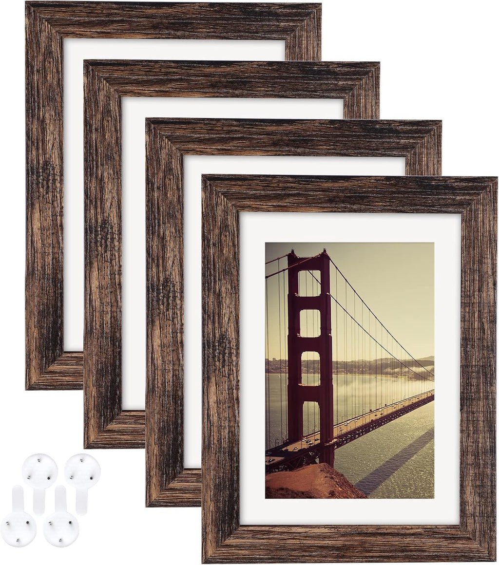 BAIJIALI 5x7 Picture Frame Rustic Brown Wood Pattern Set of 4 with Tempered Glass,Display Photos 4x6 with Mat or 5x7 Without Mat, Horizontal and Vertical Formats for Wall and Table Mounting