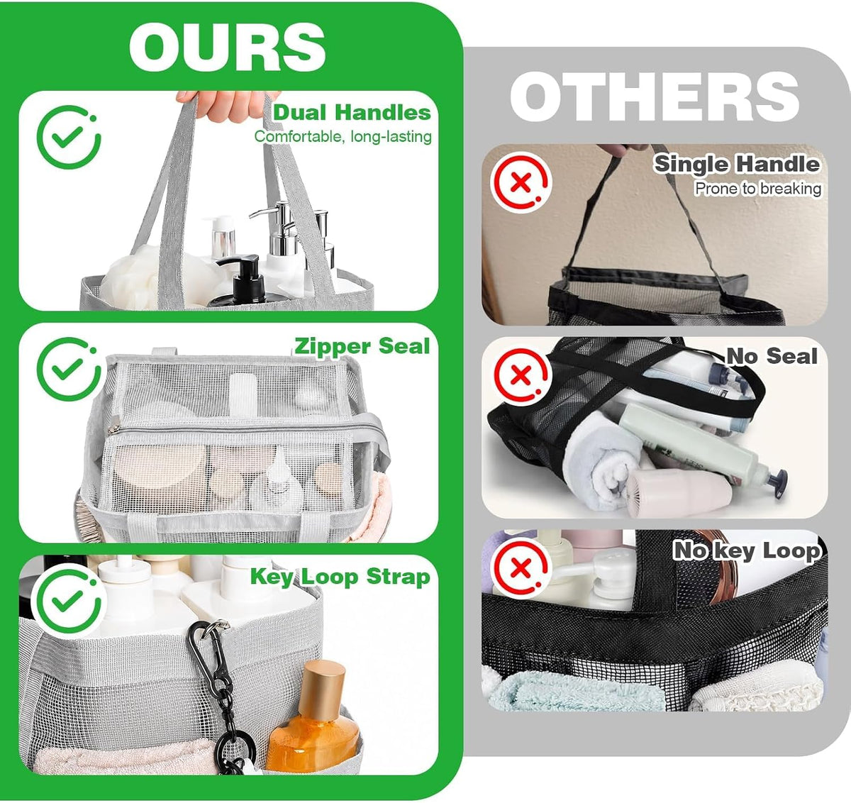 Mesh Shower Caddy Portable with Zipper for College Dorm Essentials Grey