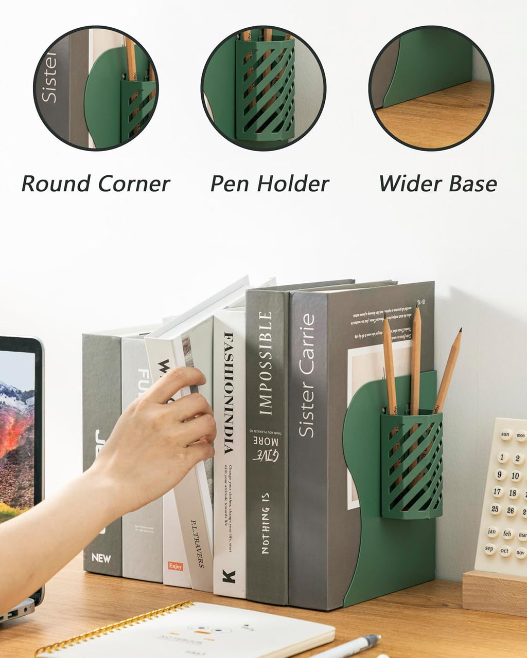 Kingsmile Book Ends, Adjustable Heavy Duty Metal Book Stoppers with Pen Holder for Desk Office Library Kids Room(Green)
