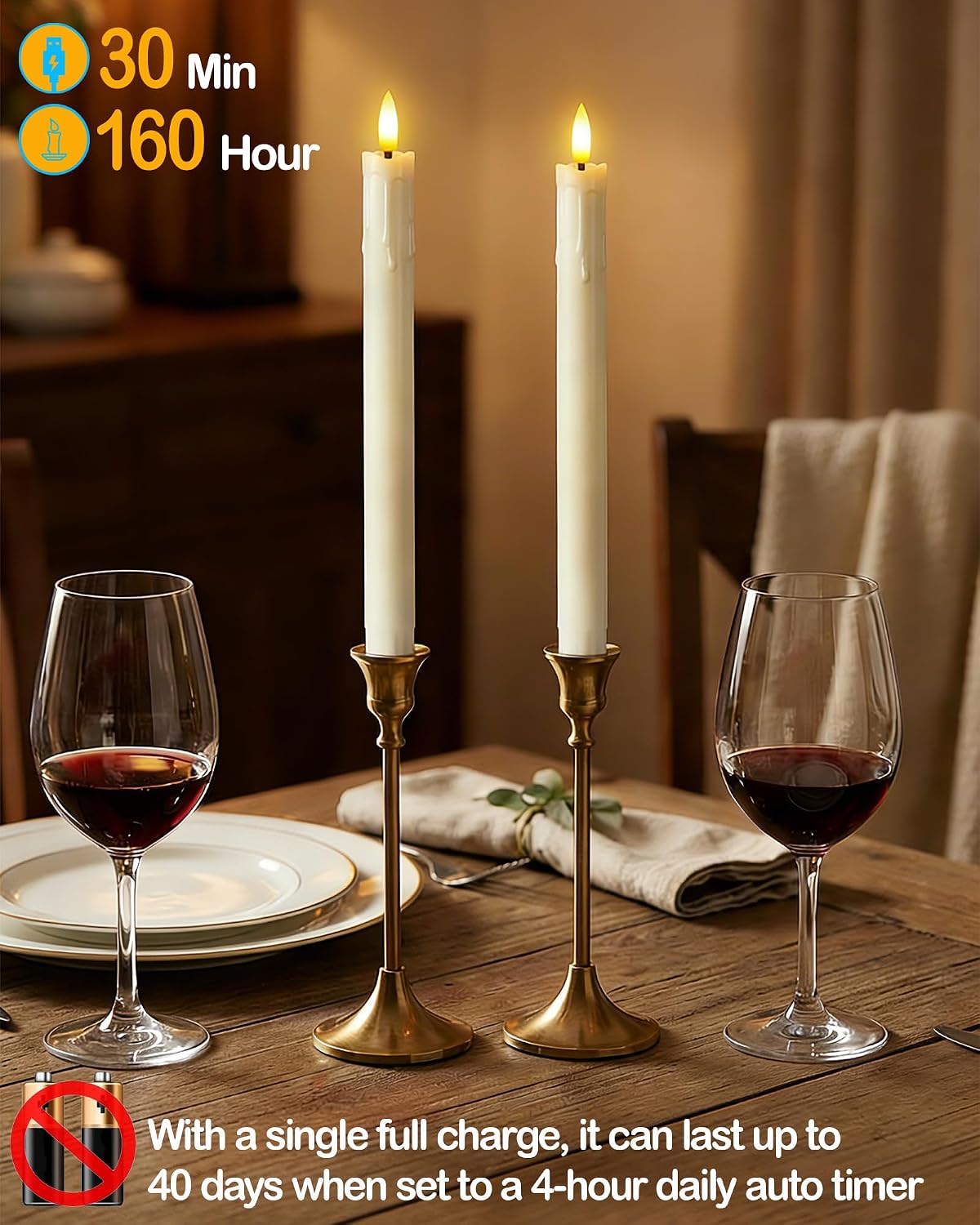 Gmnee 9.6" Taper Rechargeable Candles with Remote and Timer, Ivory