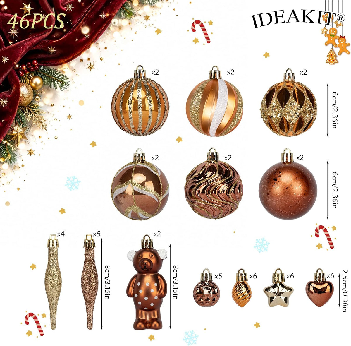46PCS Christmas Ornament Set, Bronze Hanging Decorations
