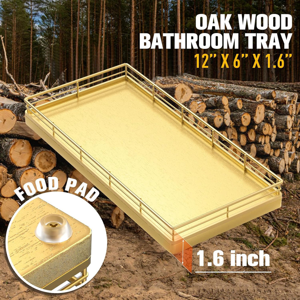Bathroom Vanity Tray for Countertop, 12" x 6" Oak Wood Toilet Tank Tray
