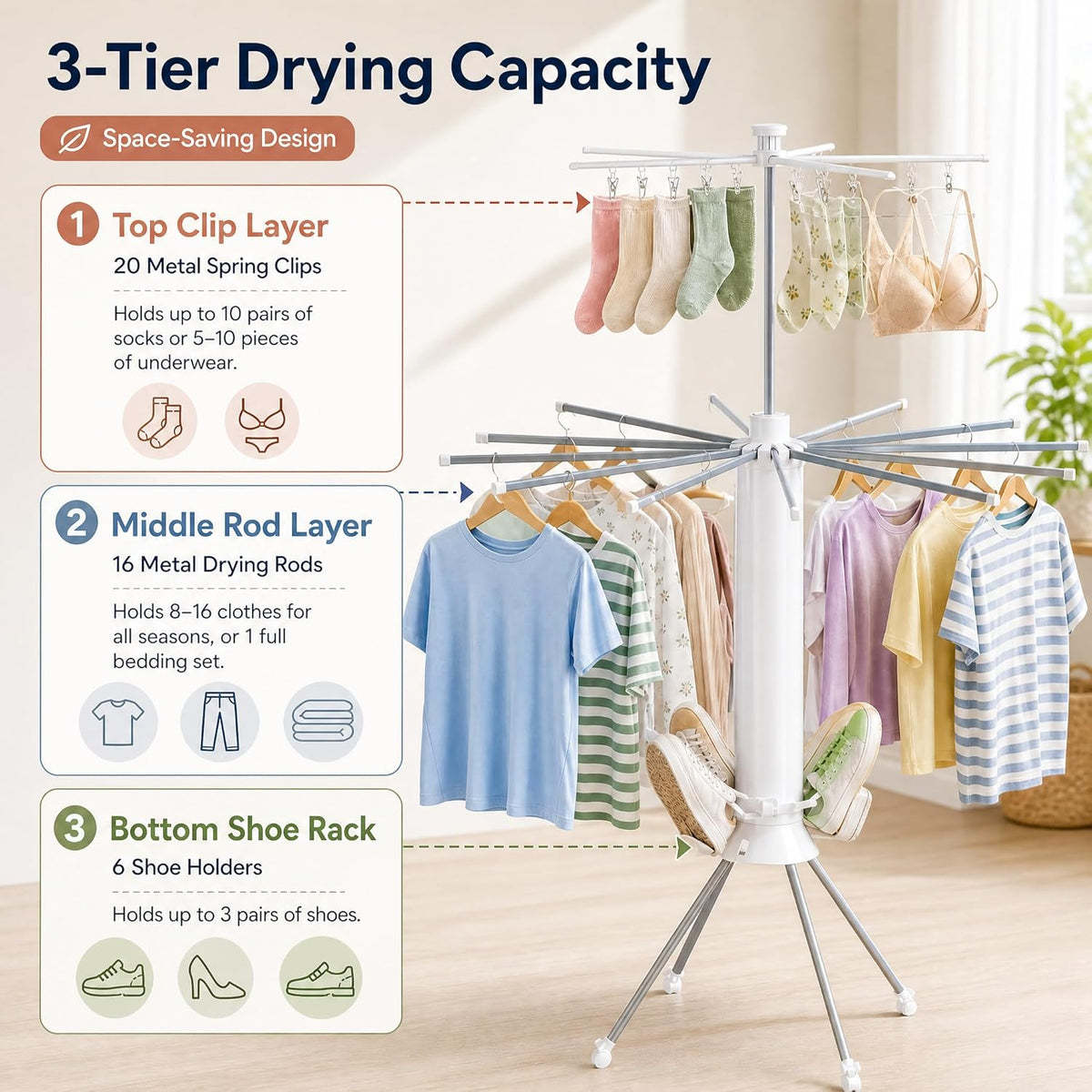 Clothes Drying Rack Foldable with Rolling Wheels, 4-Legged Portable Laundry Drying Rack with 360° Aluminum Arms, Freestanding Garment Drying Stand for Indoor Outdoor (Single-tier with shoe rack)