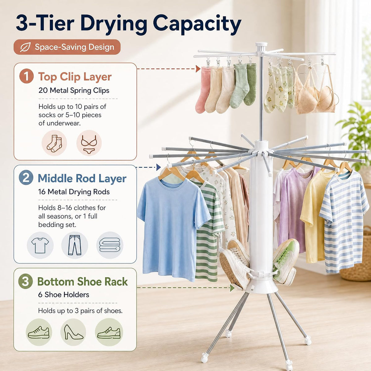 Clothes Drying Rack Foldable with Rolling Wheels, Portable Laundry Drying Rack with 16 Aluminum Arms, Stable 4-Leg Base, 360° Rotating Design for Indoor Outdoor (Double-tier without shoe rack)