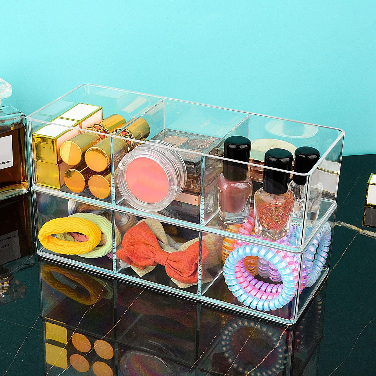 JessLab Acrylic Makeup Organizer, 3-Compartment Clear Bathroom Drawer Tray